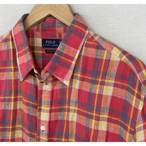 POLO RALPH LAUREN Shirt Mens 2XL Madras Relaxed Fit Plaid Linen Button Up Pink